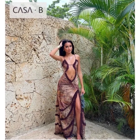 NEW to CASA B💫|Seraphina Sheer Cut-Out Frill Leopard Script Print Maxi dress - Picture 2 of 16